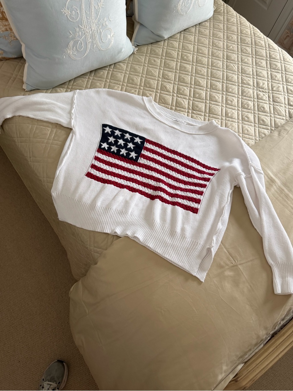 Miracle White Crewneck Sweater with Red & Blue Flag Graphic